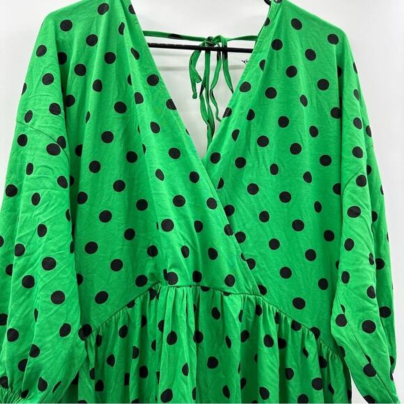 ASOS Design Green & Black Polka Dot Print 3/4 Sleeve Faux Wrap Midi Dress Sz 14 - Picture 3 of 9